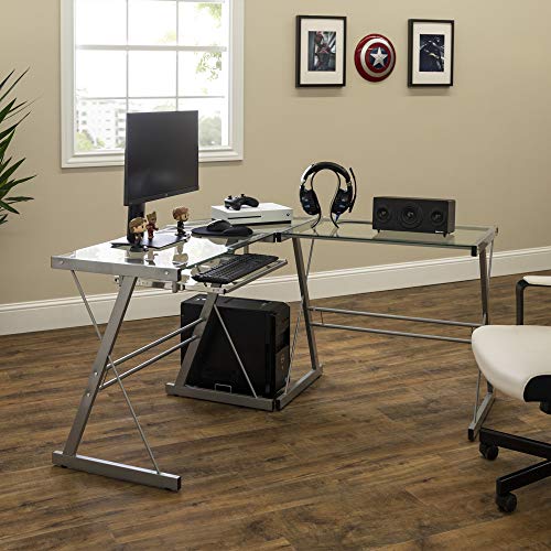 Walker Edison Ellis Modern Glass Top L Shaped Corner Gaming Desk With Computer Keyboard Tray, 51 Inch, Silver #TOP2