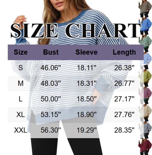 Womens Striped Long Sleeve Shirt Waffle Knit Crewneck Oversized Sweatshirt - image 4