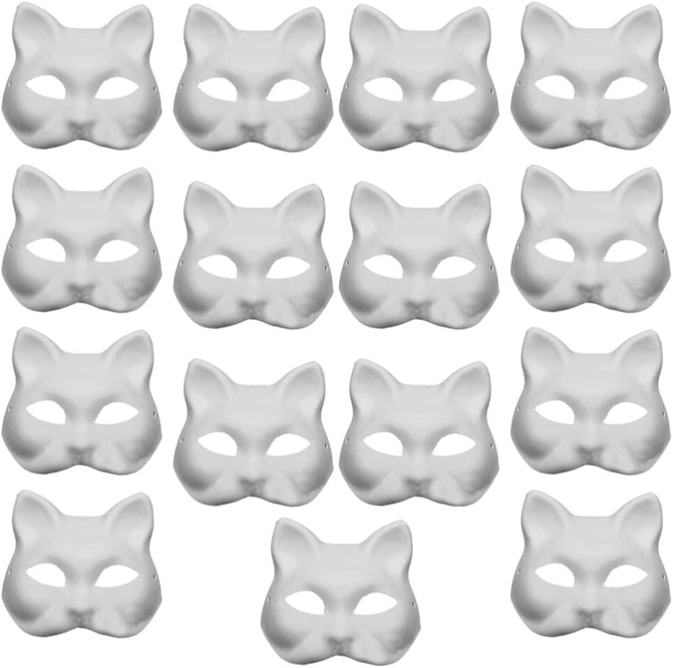 15pcs Cat Mask DIY White Paper Mask Blank Pulp Halloween Hand Painted Face Personality Creative Masquerade for Dance Party