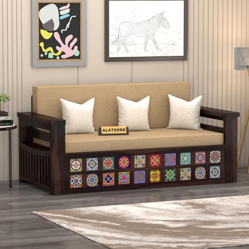 Image of Solid Sheesham Wood Sofa Cums Bed with Cushioned Seating & Handcrafted Tile Storage Front | Rosewood Convertible Sofa Bed for Living Room & Bedroom (Walnut)