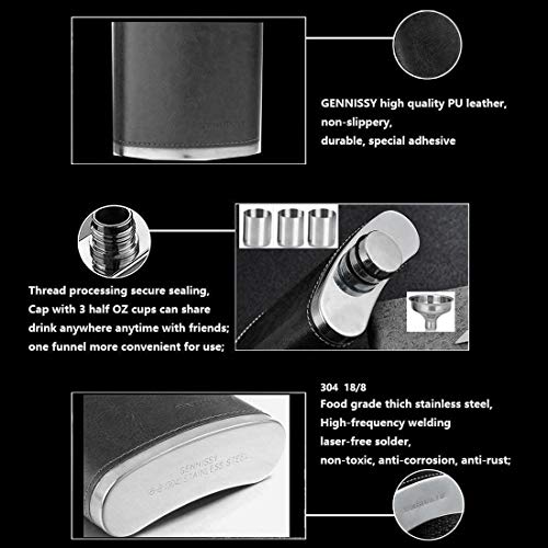 Image of GENNISSY 18 /8 Stainless Steel 8oz Flask - Americal Flag Black Leather with 3 Cups and Funnel 100% Leak Proof(Black Without US Flag)