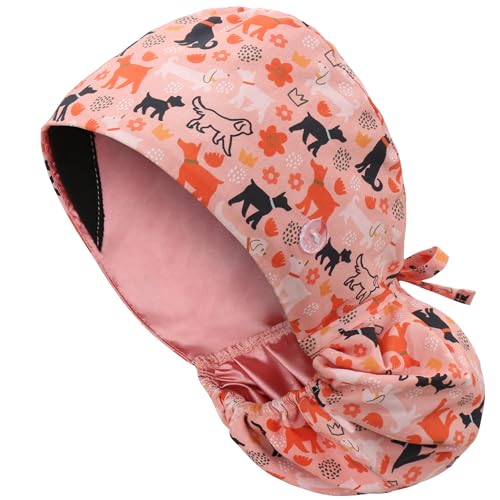 Satin Lined Scrub Cap for Women, Bouffant Nurse Cap with Sweatband and Buttons, Adjustable Surgical Hat for Curly Hair, Braids, Long Hair and Buns, Doggy Pink