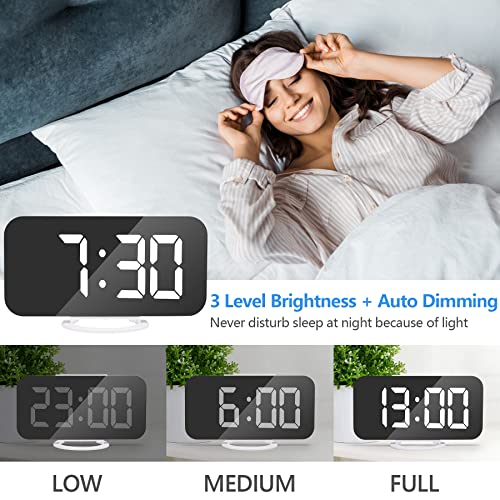 Digital Alarm Clock, Led Mirror Alarm Clock For Bedroom, With Dual Usb Ports, 3 Level Brightness, Auto Dimming, Night Mode, Easy Snooze, Bedroom Decor Aesthetic, For Home, Office (White) #TOP3