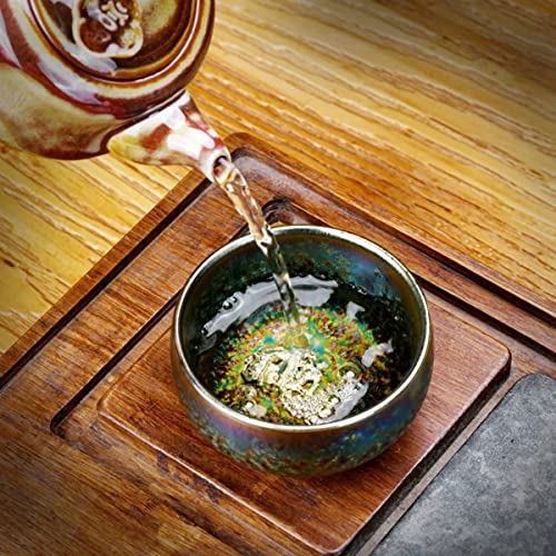 Cmengao Jianzhan Tenmokus Tea Cups Set, 3D Silver Lotus Kungfu Tea Cups, Handmade Dragon Phoenix Ceramic Tea Cups Set Beautiful Porcelain Fish Tea Cup (Peacock Jianzhan Set Of 2) #TOP2