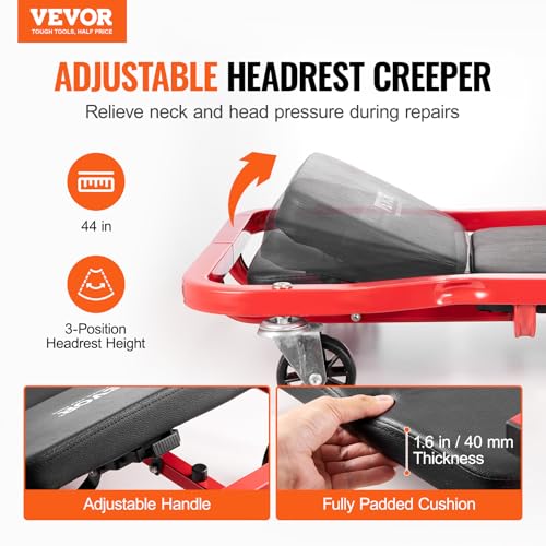 VEVOR Mechanic Garage Creeper, 44-Inch, 300 lbs Capacity Automotive Rolling Creeper with 6 Casters Adjustable Cushioned Headrest Tool Tray, Heavy Duty Steel Frame for Garages, Repair Shops, and DIY - Image 3