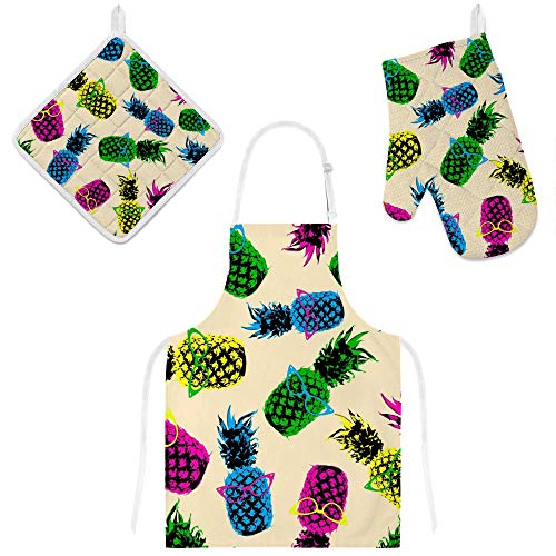 Top Carpenter Polyester Insulation Kitchen Oven Mitts Potholder Apron 3Pcs Set Hipster Style Pineapple Fruit Non Slip Heat Resistant Gloves For Baking Cooking Bbq #TOP14