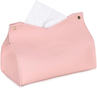 1PCS PU Leather Tissue Box Cover, Rectangle Facial Paper Organizer Dispenser, Modern Tissue Case Holder for Vanity Countertop Nightstands Living Room Office Desk Car Pink