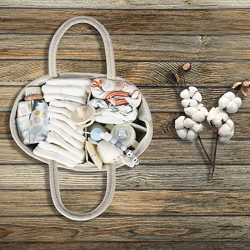 Image of XUANGUO Cotton Rope Baby Diaper Caddy Organizer Basket with Handles Oatmeal | Nursery Storage Bin, Portable Baby Tote Bag for Changing Table or Car, Baby Shower Gifts Bag, Newborn Essentials, Registry