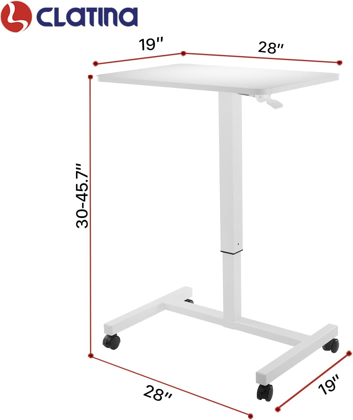 CLATINA Height Adjustable Mobile Laptop Desk Cart - Versatile Rolling Workstation Table for Office, Home, and Study Room - Ergonomic Standing Desk with Lockable Wheels 28" x 19" White…