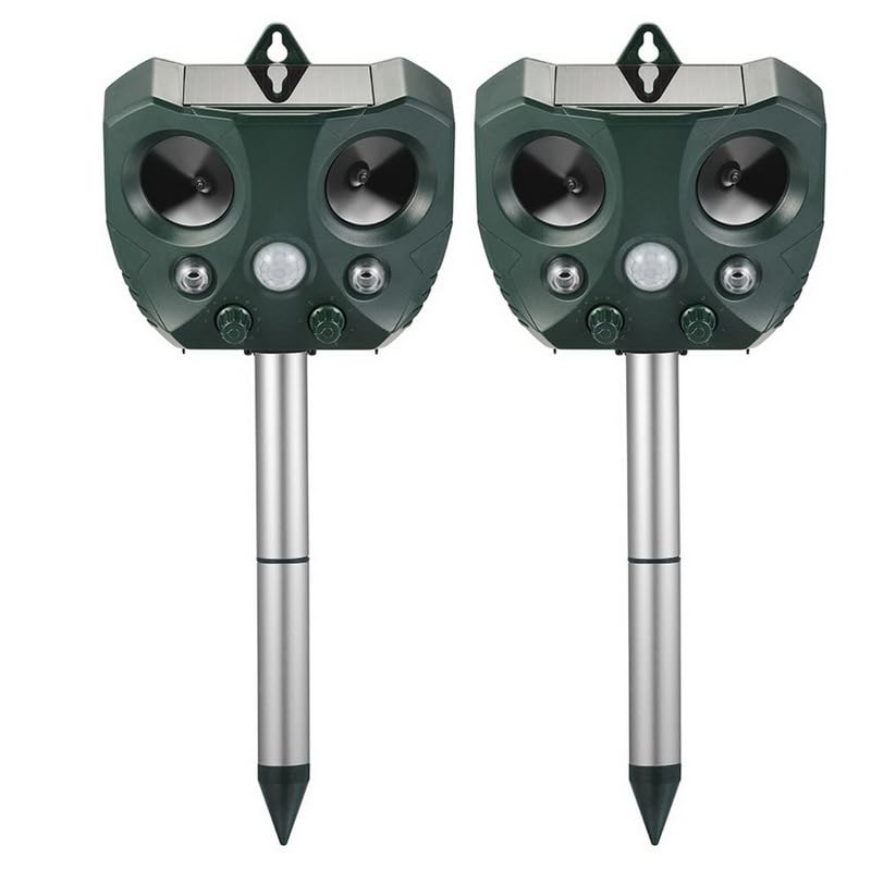 Ultrasonic Animal & Pest Repeller | Cat, Dog Scarer | Badger, Fox, Rabbit Deterrent | Solar Panel, Rechargeable Battery, Infrared Sensor, LED Flash,2PCS