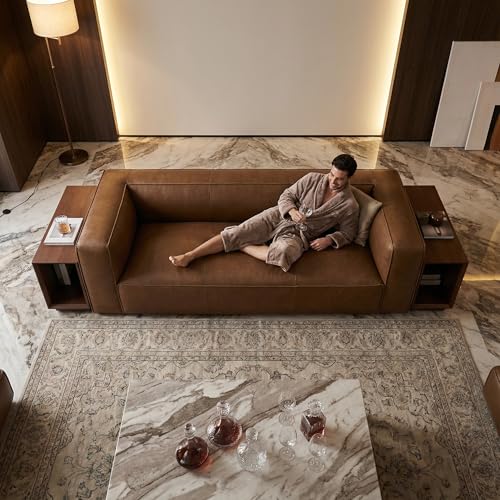 Image of Leather Sofa, 92.5 inch, Modern, Vintage, Luxury, for Living Room, Home Seating | 2026 New Luxury Curved Leather Sofa for Living Room, Soft Comfort Luxury Sofa with Vintage Leather Character, Home Seating