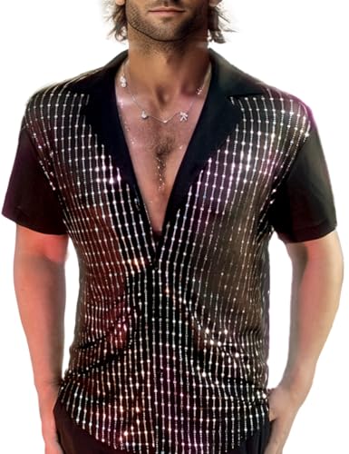 AIBEIX Mens Mesh Sequins See Through 70s Disco Short Sleeve Button Down Shirts(Black Silver-Short Sleeve Large)