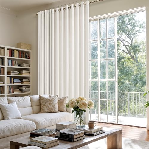 Image of Beige White Extra Wide 100 Inch Linen Curtains 84 Inch Length | Room Divider, Sliding Door, for Living Room, Semi Sheer, Light Flitering, Grommet, Privacy, Farmhouse, Ivory Cream, 100x84