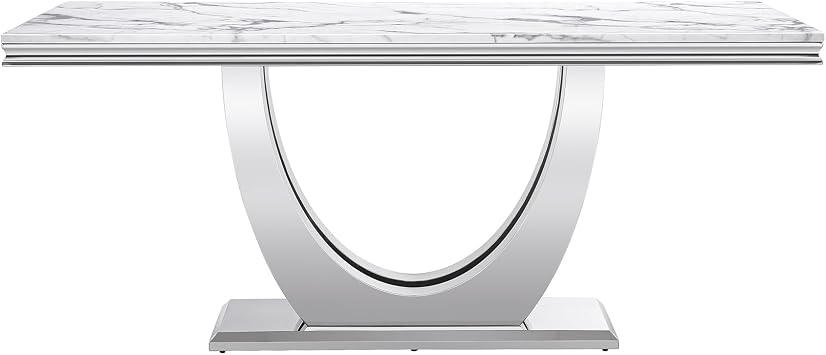 Luxurious White 68" Marble Dining Table, Faux Marble Table Dining with 0.71" Thick Printed Marble Tabletop and Silver Stainless Steel Pedestal, Modern Kitchen Dining Room Table for 8