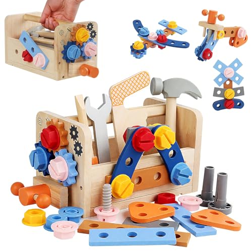 Aevorant Werkzeugkoffer Kinder Werkbank, Kinderwerkzeug Holzspielzeug Geschenk, Werkzeug Motorik Lernspiele, Holzspielzeug Spielzeug für 3 4 5 Jahre