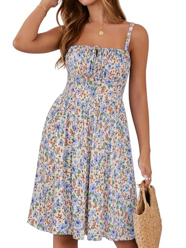 Image of YATHON Summer Mini Corset Sun Dress for Women Short Casual Square Neck Lace Up Floral Beach Vacation Dresses with Pockets