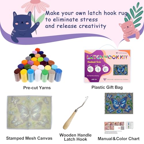 Image of veirousa Blue Butterfly Latch Hook Kit for Adults Beginners, Pre-Printed Latch Hook Rug Kit, DIY Carpet Making Set for Home Wall Hanging Art Decoration 20x15 Inch