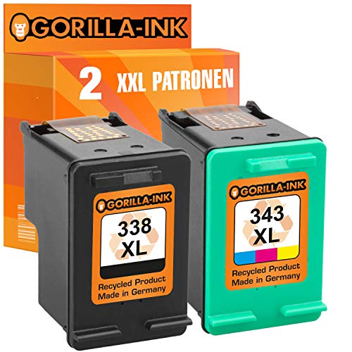 Gorilla-Ink Set 2 Patronen kompatibel mit HP 338 XL & HP 343 XL Deskjet 460 460C 460CB 460WBT 460WF 5740 5745 6520 6540 6540D 6540DT 6620 6630 6630V 6840 PSC 1500 1510 1510S 1510XI 1513S 1600 1603 Cover