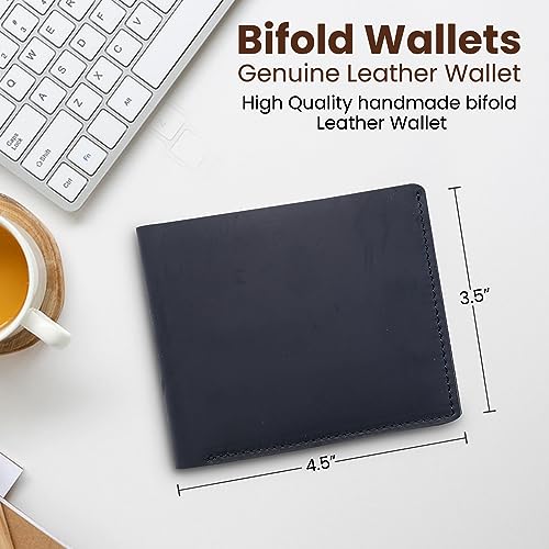 Leather Wallet for Men, RFID Blocking, Extra Capacity Mens Bifold Wallets, Genuine Leather, Handcrafted, Strong Stitching, Extra Capacity for bills, 6 Card Slots, Gift for Him (Black)2