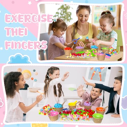 Image of 252 Pcs Summer Ice Cream Sensory Bin Filler Ice Cream Fine Motor Counting and Color Sorting Set Colorful Felt Pom Pom for Summer Sorting Counting Training Preschool Education Classroom Activities