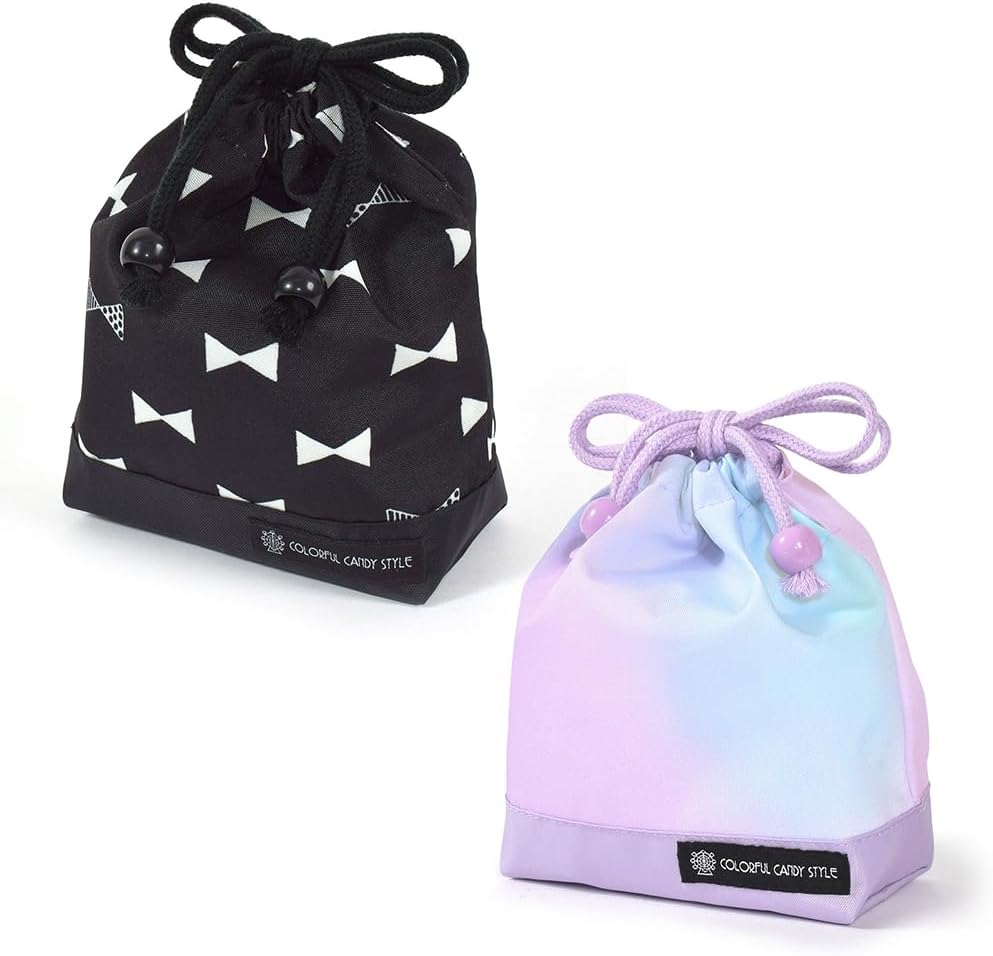 COLORFUL CANDY STYLE NU904800-BTR Drawstring Bag, Small, Set of 2 Separate Patterns, Water Repellent Fabric, Cup Bag, Accessory Storage, Tool Bag, Kids, Cute, Stylish, Ribbon and Aurora Set, Girls