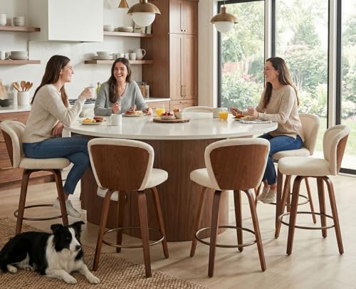 Image of HNY Swivel Counter Height Bar Stools Set of 6, 26 Inch Barstools with Walnut Wooden Leg and Back, Modern Linen Upholstered Counter Stools for Kitchen Island, Beige