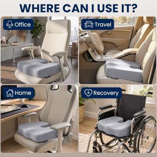 Image of 5 STARS UNITED Seat Cushion - Memory Foam Chair Cushion for Tailbone Pain Relief - Ergonomic Support for Coccyx, Sciatica & Butt - Office, Desk & Gaming Chair, Car Seat, Wheelchair, Airplane, L Gray