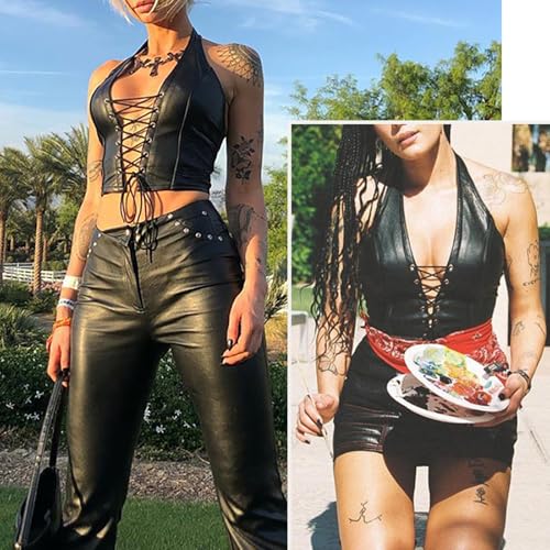 Women's Sexy PU Leather Crop Tank Tops Halter Lace Up Camisole Vest Criss Cross Eyelet Cropped Faux Leather Camisole4