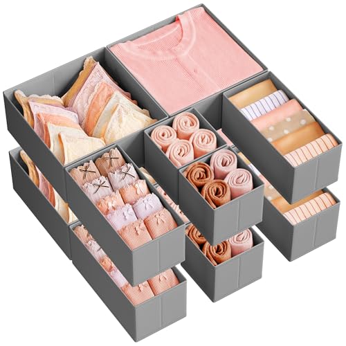 Image of SONGMICS Drawer Organizers, Dresser Divider Organizers, Set of 12, Foldable Fabric Storage Boxes for Socks, Underwear, Bras, Ties, Scarves, Dove Gray URDZ006G02
