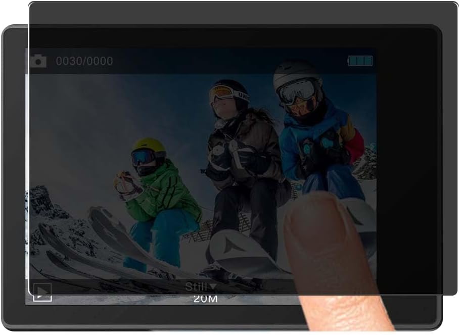 Image of the privacy screen protector applied to an action camera screen, showing a slightly darkened view.