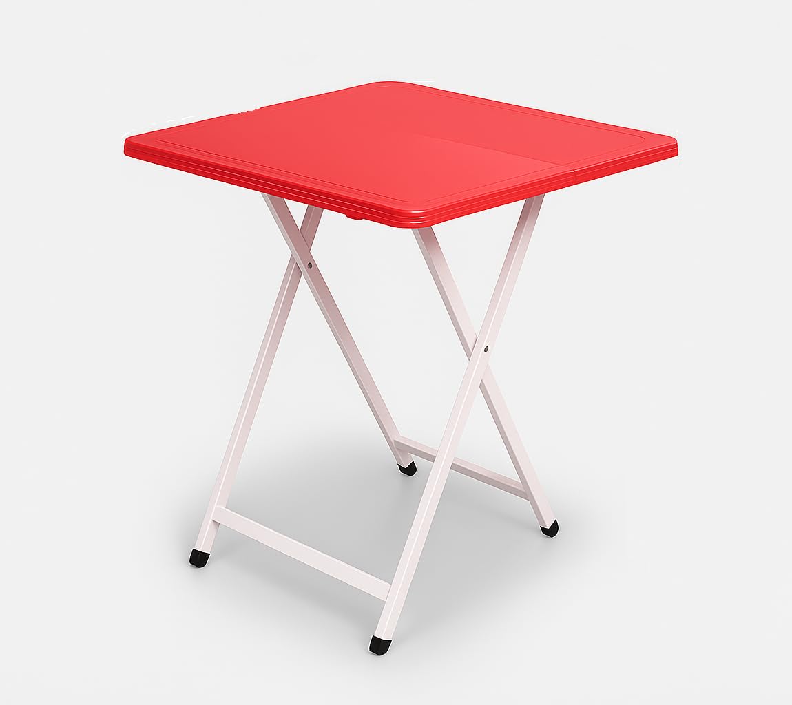 toby portable folding table with x-frame stand, blue plastic top with white metal legs, compact side table for living room, home and office