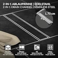 LuxeBath Duschrinne 70cm 2in1, befliesbar, extra flach, Edelstahl, Silber, Doppelseitige Bodenablauf, Komplettset Bodenbefestigung, Duschablauf, Siphon mit Geruchsstop, Haarsieb, Ablaufrinne Dusche – Ansicht 2
