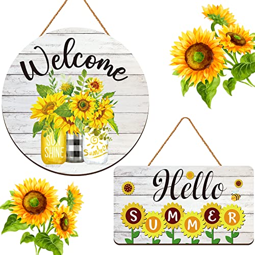2Pcs Summer Home Decor Summer Sunflower Welcome Door Sign Decor Hello Summer Door Sign Farmhouse Hanging Sign Decorative Wall Plaque Rustic Front Door Yard Sunflower Harvest Decor #TOP25