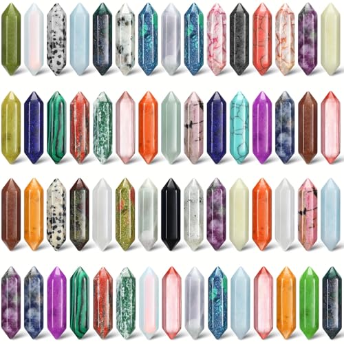 50Pcs Healing Crystals Stones Sets Hexagonal Bullet Shaped Reiki Meditation Gemstone Chakra Stones Tiger Eye Obsidian Quartz Crystals Gemstone Wand Set (1.2 inch Random Double Pointed column/50PCS)