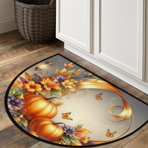 Image of Half Round Door Mat Autumn Butterfly Flower Pumpkin Non-Slip Semi Circle Area Rug Washable Half Moon Hearth Rugs for Indoor Outdoor Bathroom Kitchen Patio Runner Mat Laundry Room Home Decoration