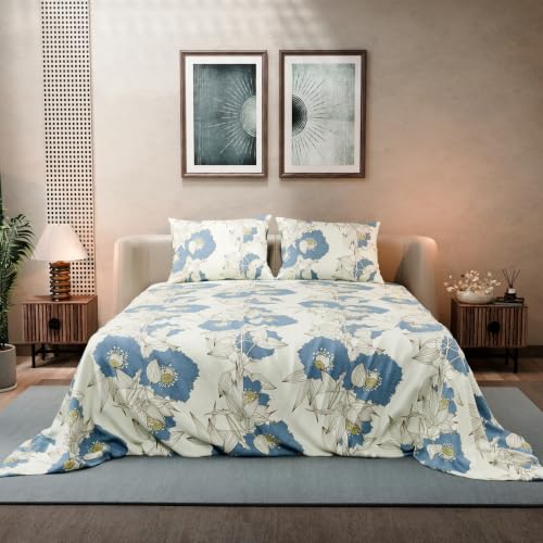Image of BLISSHOME SoftTouch 140TC Cotton King Size Printed Bedsheet with 2 Pillow Covers for Double Bed, Silky Smooth Bedding Set, Breathable, Easy Maintain, Floral Print - Ivory, Blue