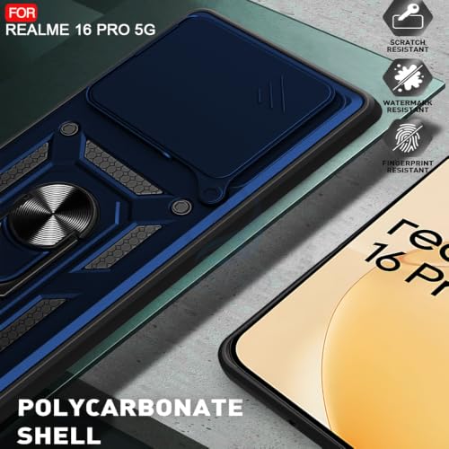 Image of AESTMO Tough Armor Realme 16 Pro 5G Bumper Back Case Cover | Ring Holder & Sliding Camera Shield Cover | 360 Degree Protection Back Case Cover for Realme 16 Pro 5G (Blue)
