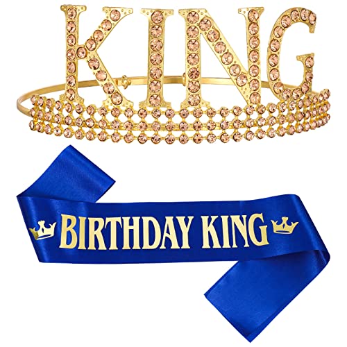 Popuppe 2 Pcs Birthday King Crown Boy Sash Set,Adjustable Birthday Party Supplies for Boys and Teens