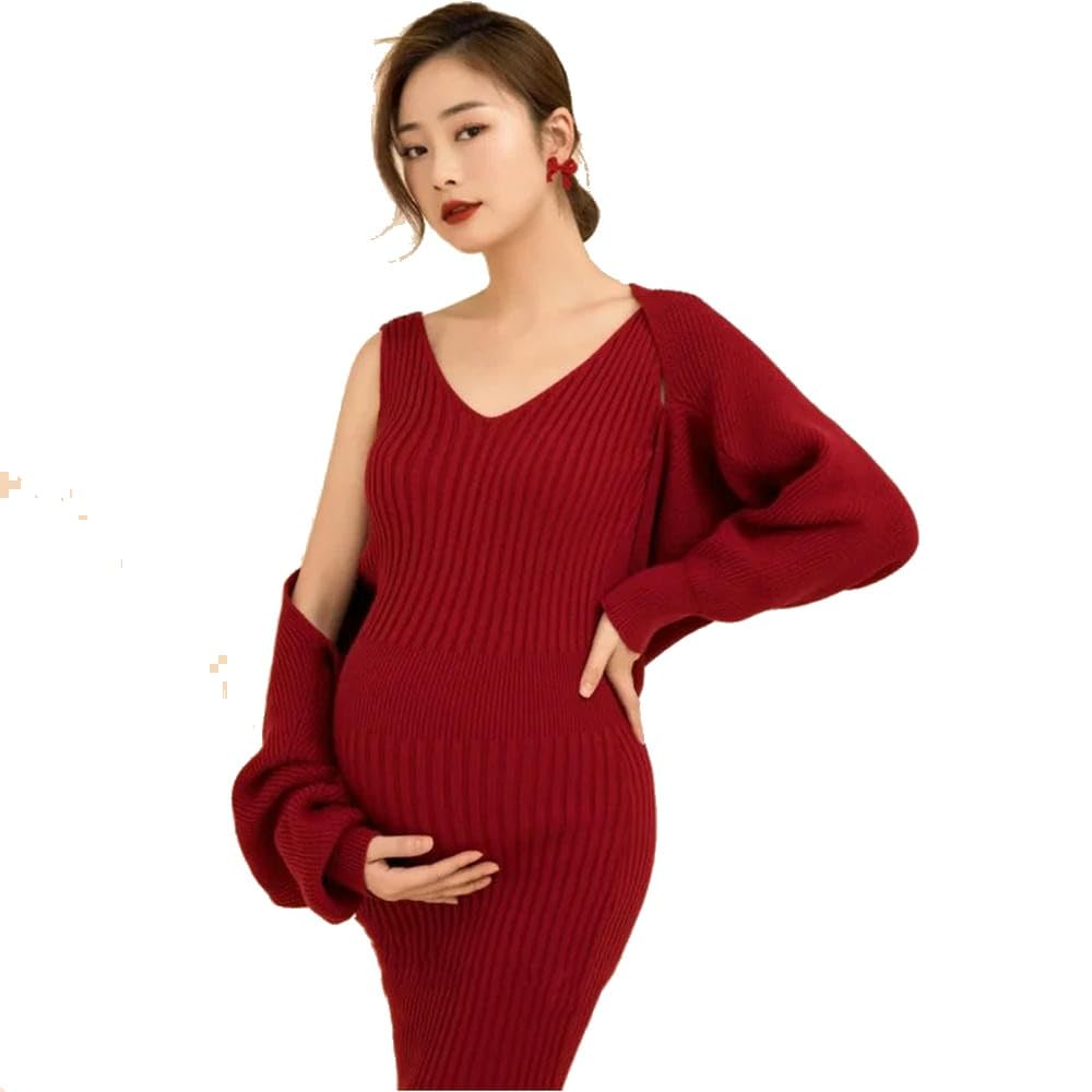 GLDFW Gestricktes Umstandskleid mit V-Ausschnitt, Cardigan-Set, Anzug für Babyparty, rotes Jersey, Schwangerschaft, Schwangere, nach der Geburt, Rock