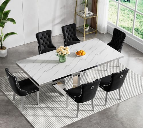 Image of White Faux Marble Extendable Dining Table Set for 6 Mirrored Base | 63 inch-94 inch Mirrored Pedestal Dining Set with 6 Velvet Chair,Modern Large Expandable Kitchen Table Set for Dining Room Gathering