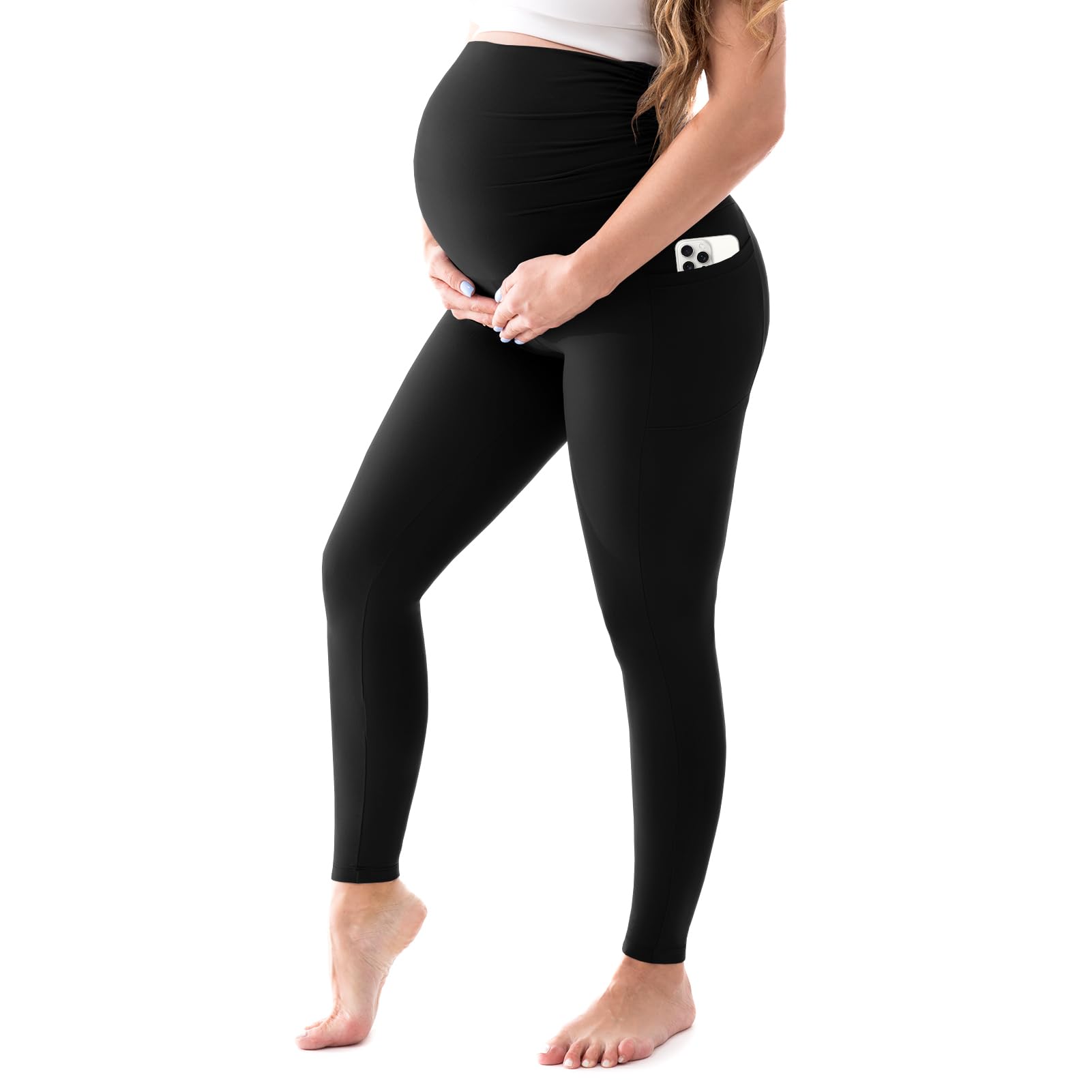 Walifrey Women's Maternity Leggings with Pockets，High Waist Opaque Comfortable Pregnancy Black Leggings
