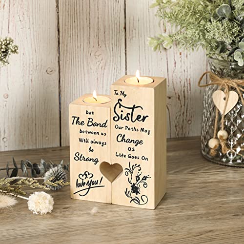 Thank You Gift For Sister, Double-Sided Printing Heart Candlestick Wooden, Friendship Gift For Women, Best Sister Gift Ideas Personalized Custom Candle Holder (6.3 X 4.8 In) Upgrade Larger Size #TOP5
