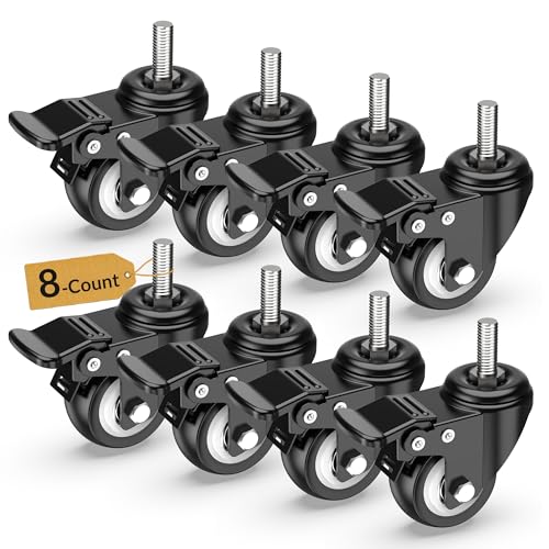 Image of HOLKIE Stem Caster Wheels 2 inch Total Locking Casters Set of 4, Threaded Stem 3 /8 inch -16 x 1 (Diameter 3 /8 inch, Length 1 inch) Swivel Heavy Duty Castors Black 8 Pack