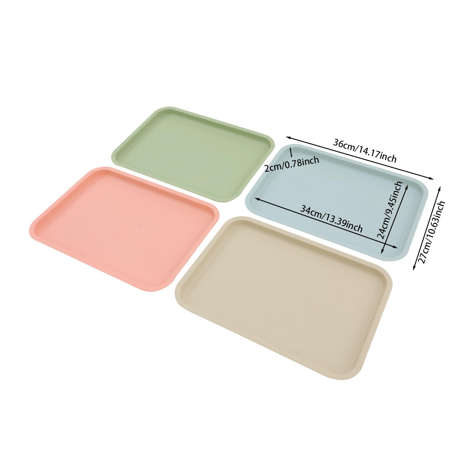 Bandeja para servir 36 x 27 cm, plástico PP, juego de 24 unidades, 4 colores, resistente, antideslizante (rosa, verde, azul y caqui)