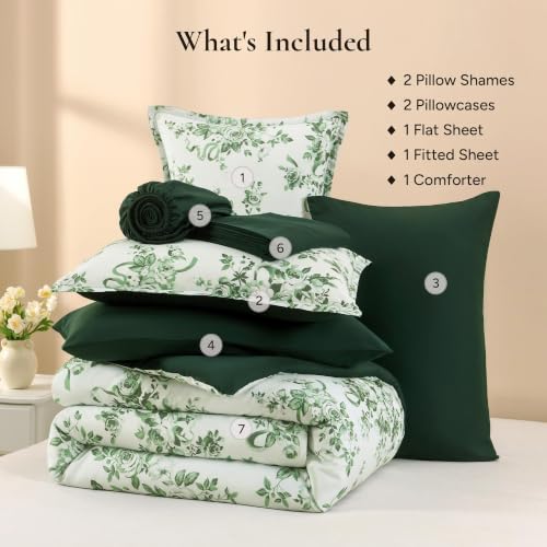 Image of Andency Floral Comforter Full Set, 7 Pieces Green Rose Flower Bedding Set