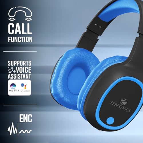 Image of ZEBRONICS Thunder Over Ear Bluetooth 5.3 Wireless Headphones with 60H Backup, Gaming Mode, Dual Pairing, Enc, Aux, Micro Sd, Voice Assistant, Comfortable Earcups, Call Function (Blue)