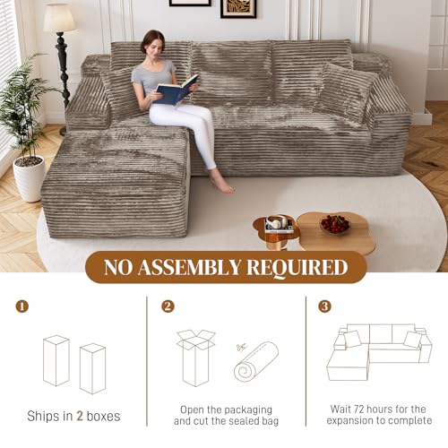 Image of 108 inch L Shaped Boneless Sectional Couches for Living Room, Comfy Corduroy Floor Cloud Sofa with Chaise, Wide Armrest, Deep Seat, Memory Foam, Assembly Free, Ideal for Small Spaces, Brown