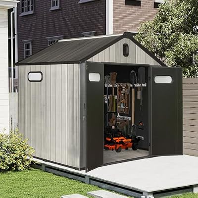 Domi 8x6FT Resin Outdoor Storage Shed with Lockable Door, Waterproof Outside Sheds with Windows & Vents, Heavy-Duty Plastic Tool Storage Shed for Patio Furniture, Lawn Mower, Bike