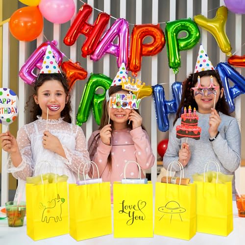 Image of BLEWINDZ 32Pcs Small Paper Gift Bags with Tissues, Yellow Party Favor Bags with Handles, 8.7 inch Goodie Bag for Birthday, Shopping, Party Supplies