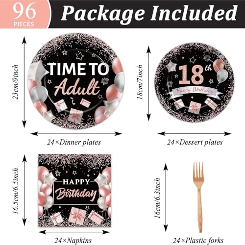 Image of gisgfim 96 Pcs 18th Birthday Plates and Napkins Party Supplies Rose Gold Black Time To Adult 18th Birthday Party Tableware Set 18 Years Old Birthday Decorations Favors Girls for 24 Guests